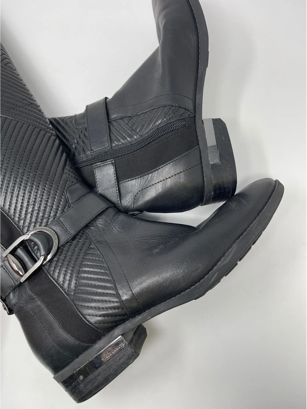 Black Leather Over The Knee Boots 9 Quilted Front Buckle Stretch Back Low Heel